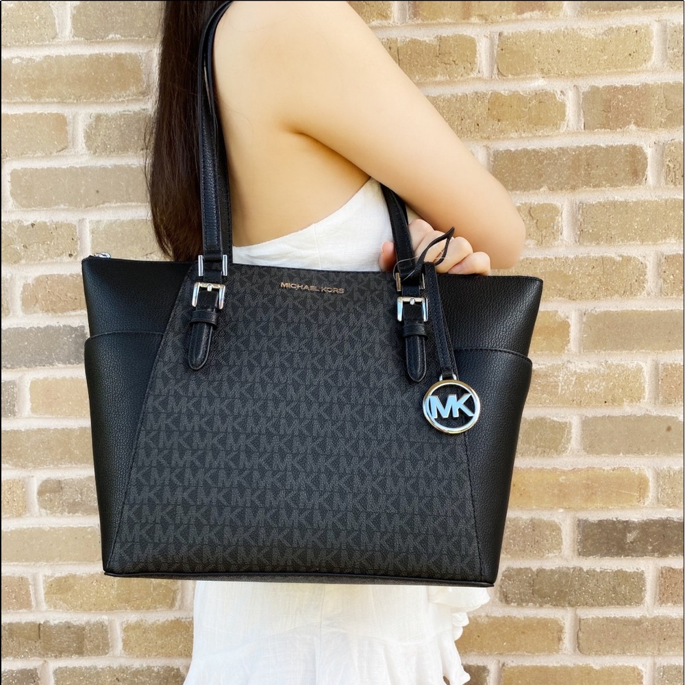 Michael Kors Charlotte Top Zip Tote Leather Black MK Signature - Picture 2 of 4